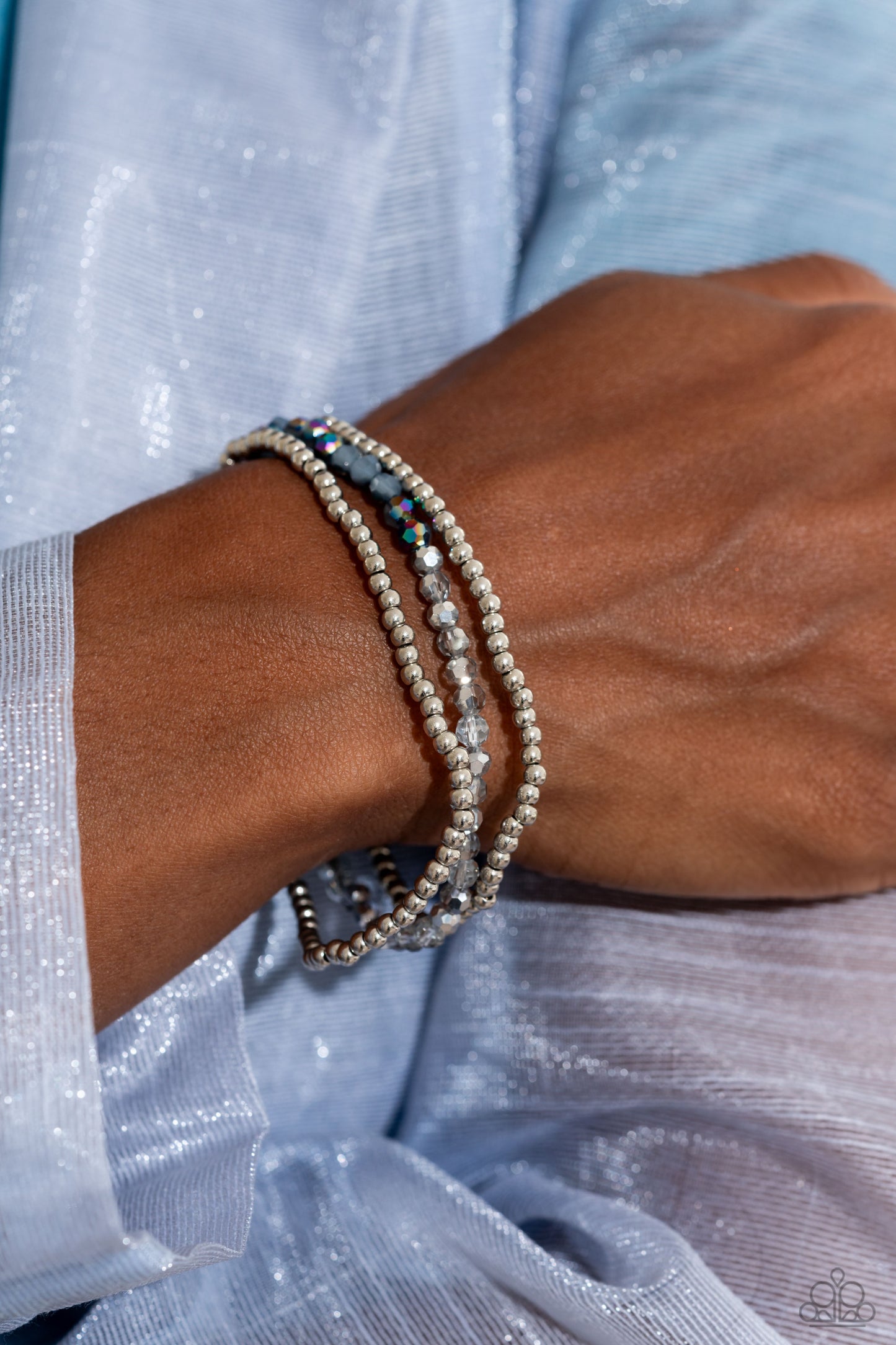 Paparazzi Accessories-Backstage Beading Silver Glassy Oil Spill Bracelet
