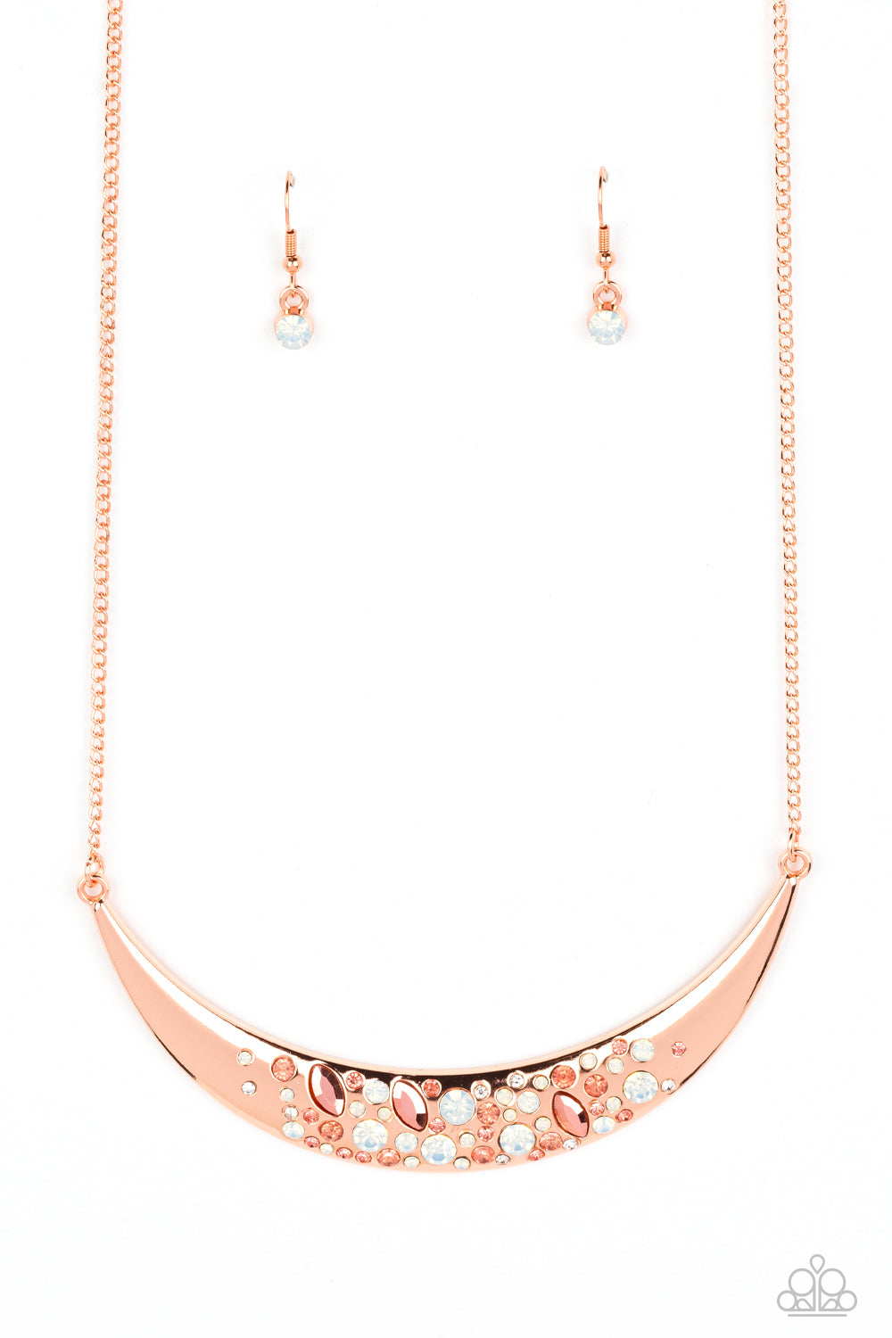 Paparazzi Accessories-Bejeweled Baroness Copper Crescent Necklace Set