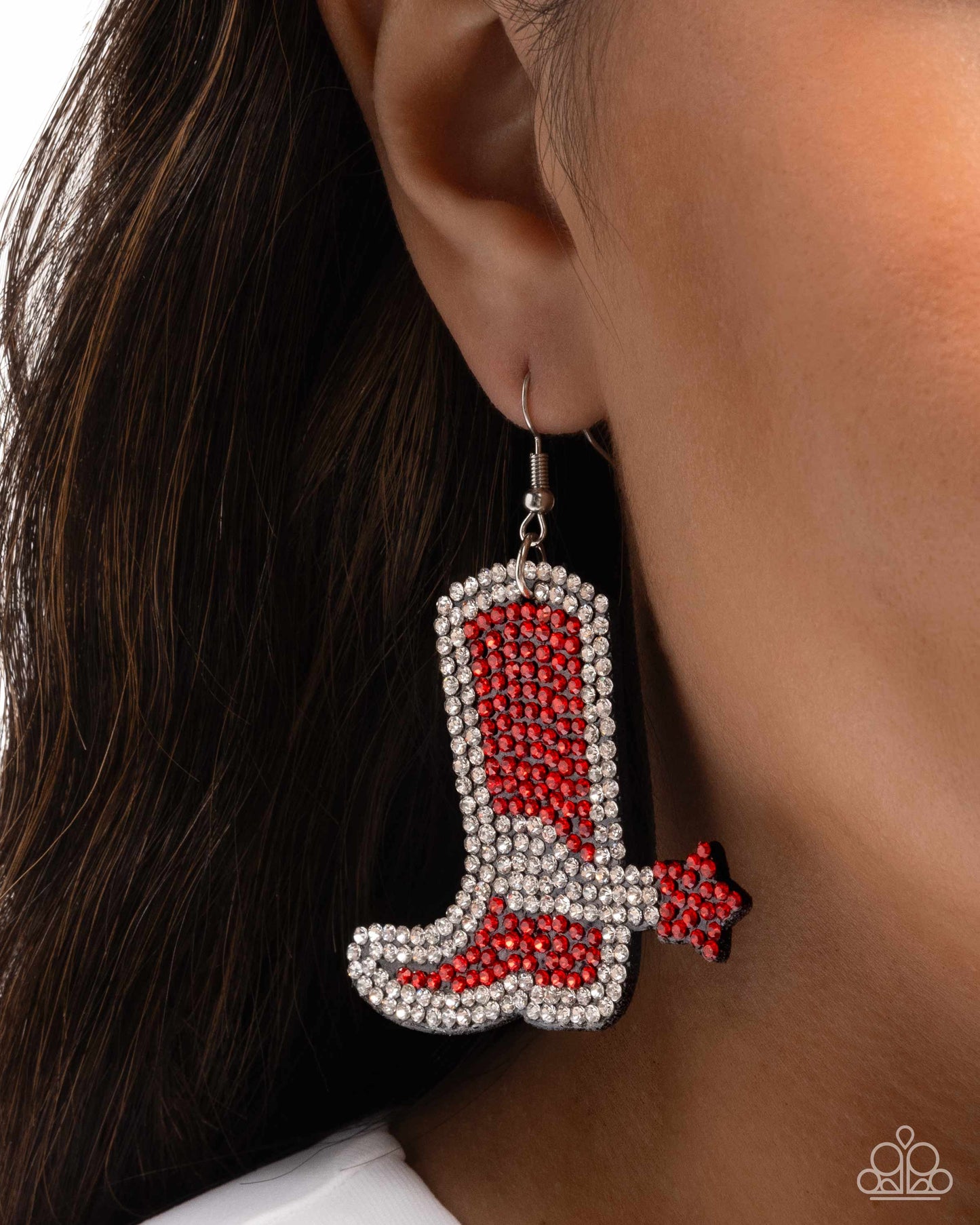 Paparazzi Accessories-Benevolent Boot Red Dazzling Cowboy Boot Earrings