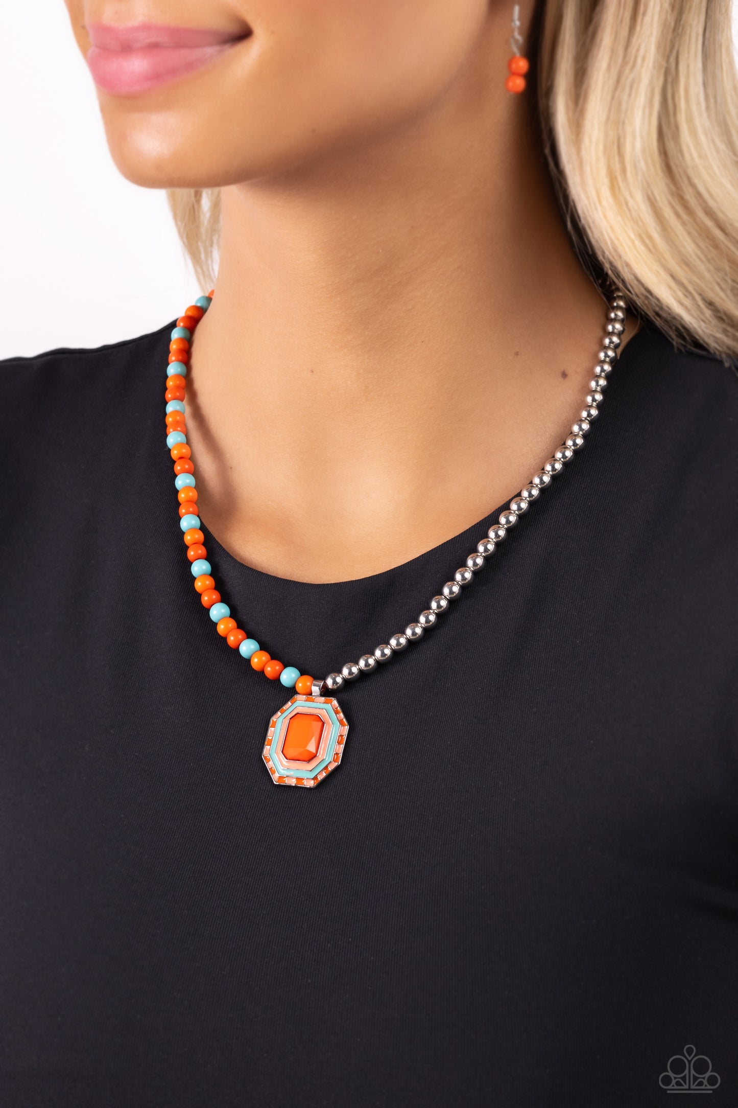 Paparazzi Accessories-Contrasting Candy Orange Glossy Emerald Pendant Set