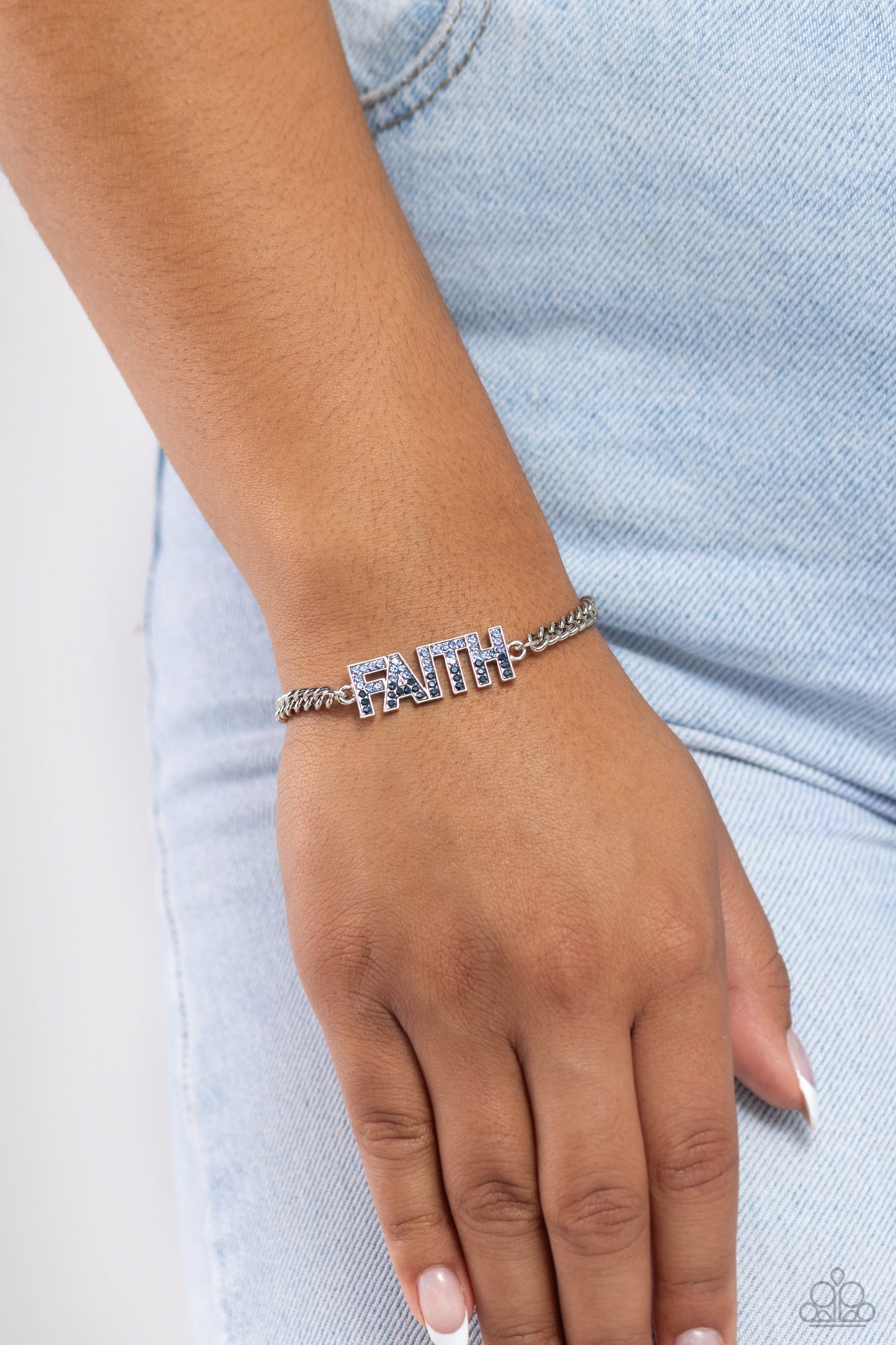 Paparazzi Accessories-Faithful Finish Blue Rhinestone FAITH Bracelet