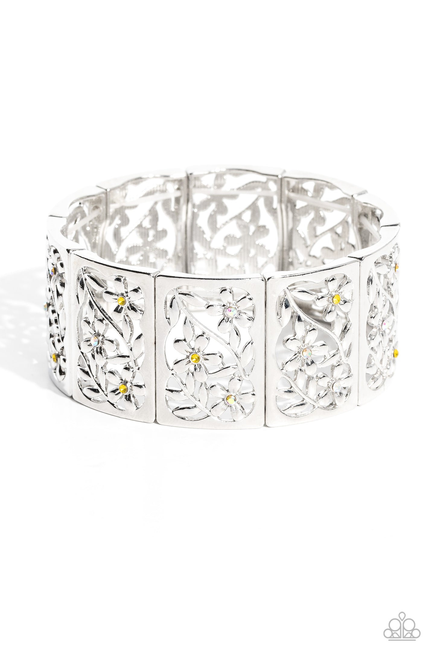 Paparazzi Accessories-Garden Walls Yellow Leafy Floral Silver Bracelet