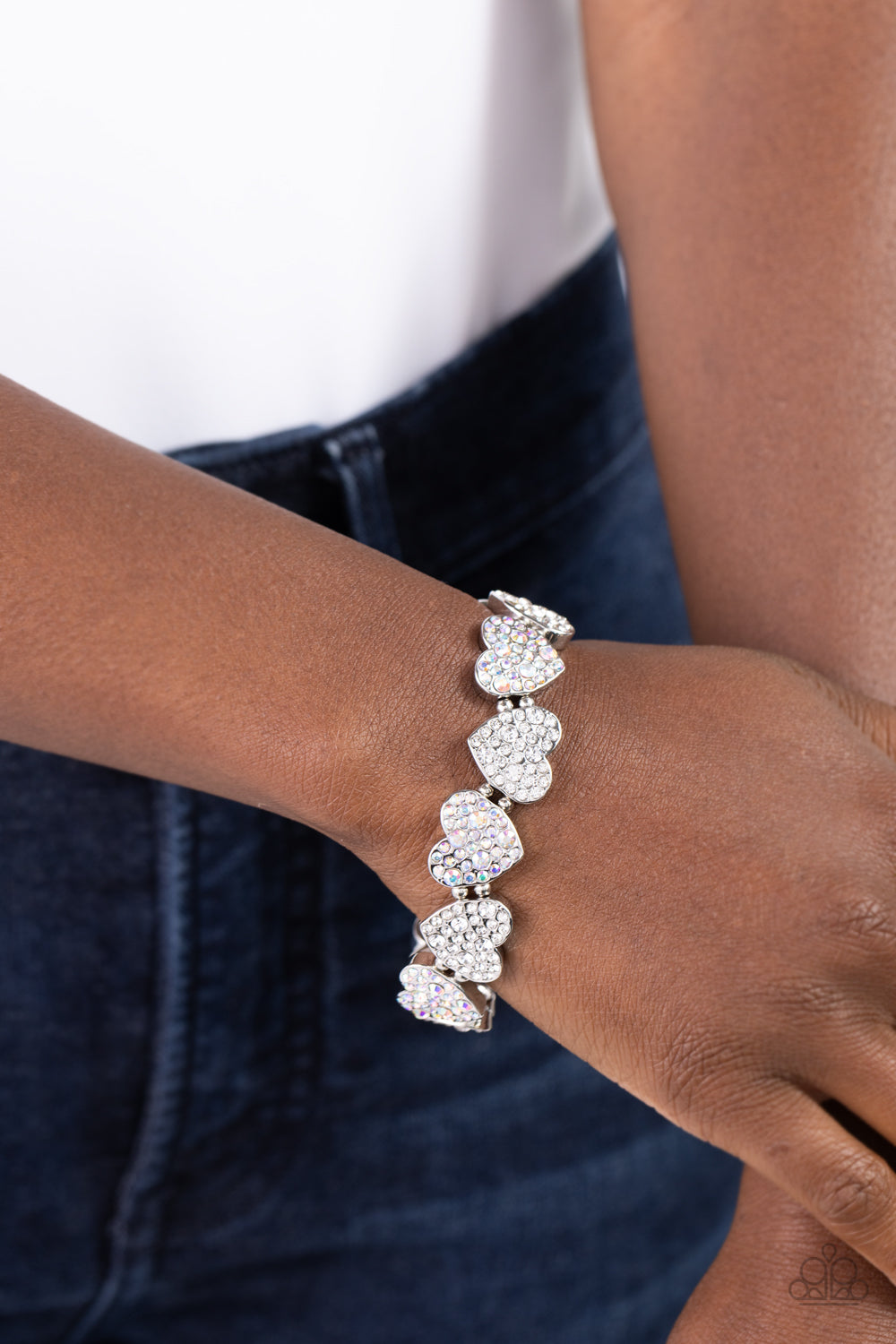 Paparazzi Accessories-Headliner Heart White Iridescent Heart Bracelet