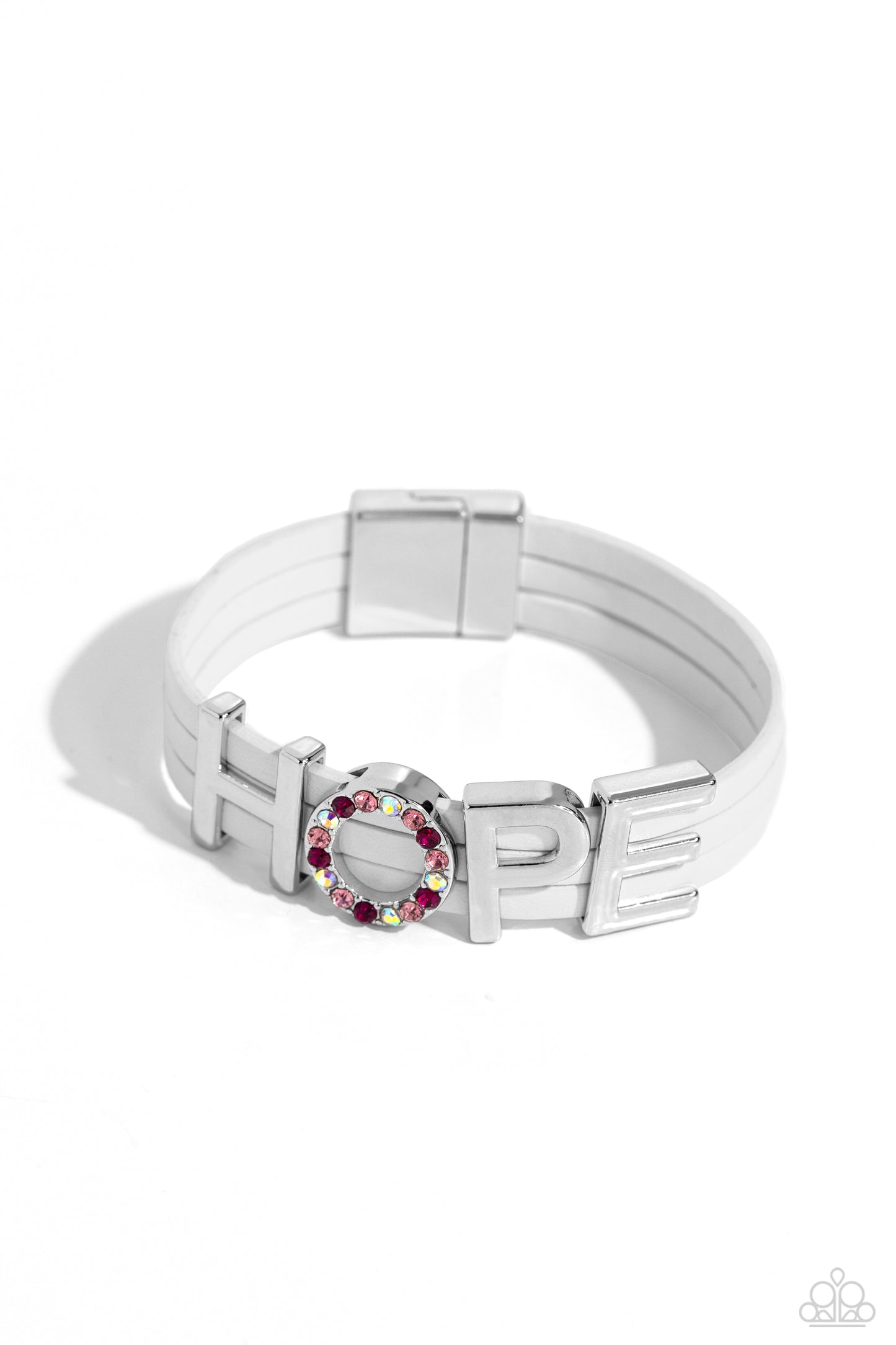 Paparazzi Accessories-Hopeful Haute White Leather Pink Hope Bracelet