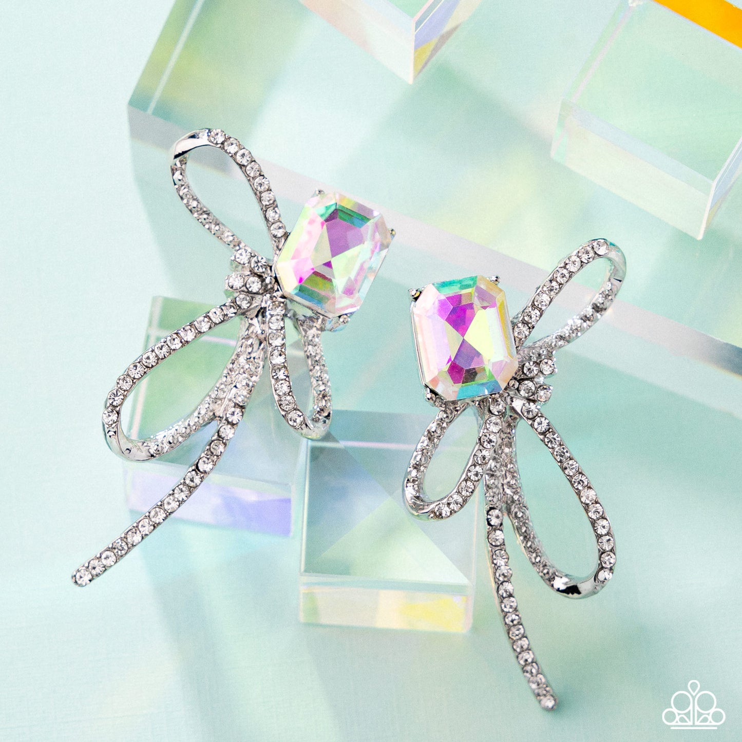 Paparazzi Accessories-Positively Radiant White Rhinestone Bow Earrings