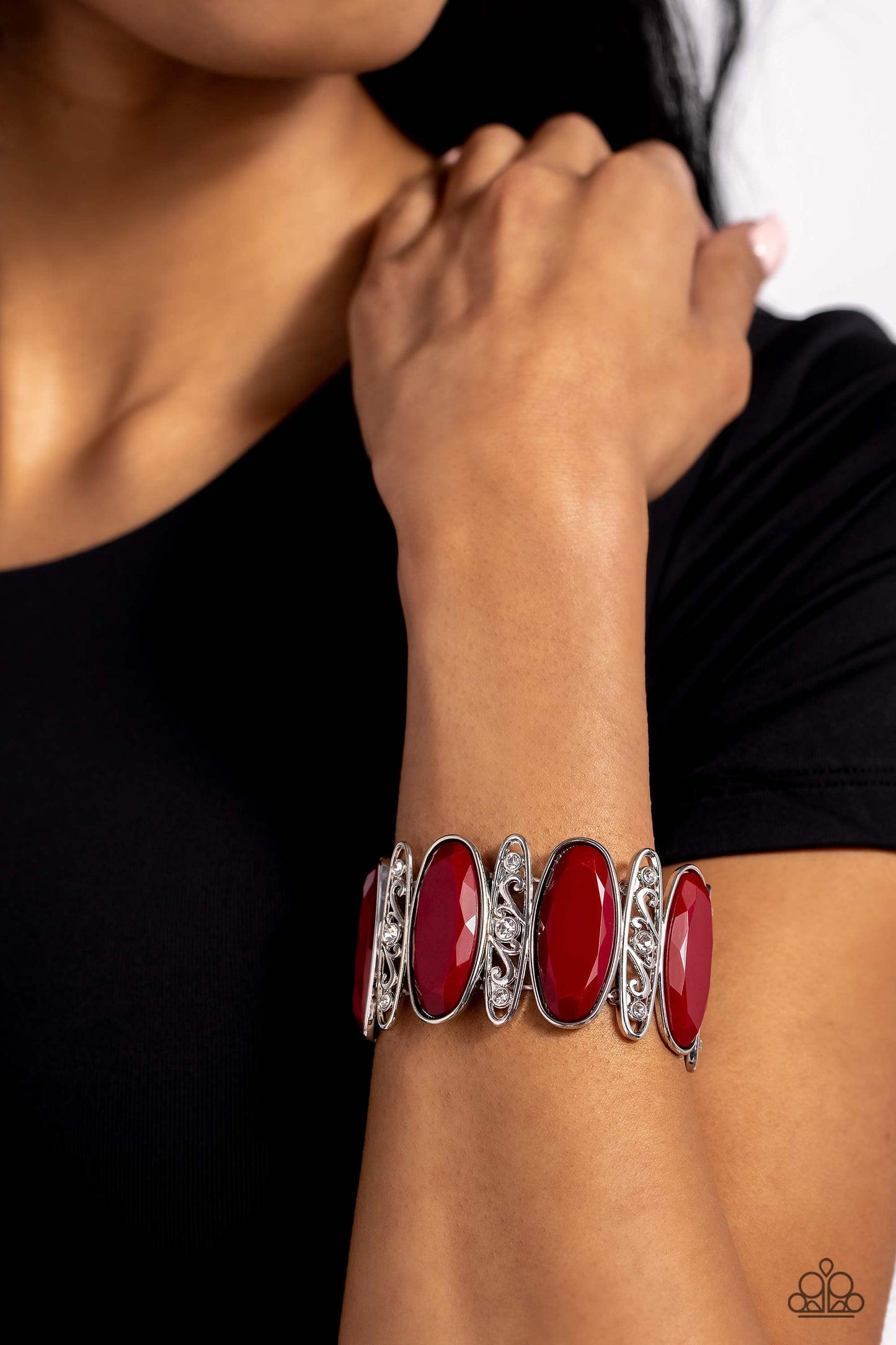 Paparazzi Accessories-Saturated Sparkle Red Filigree Oversized Bracelet