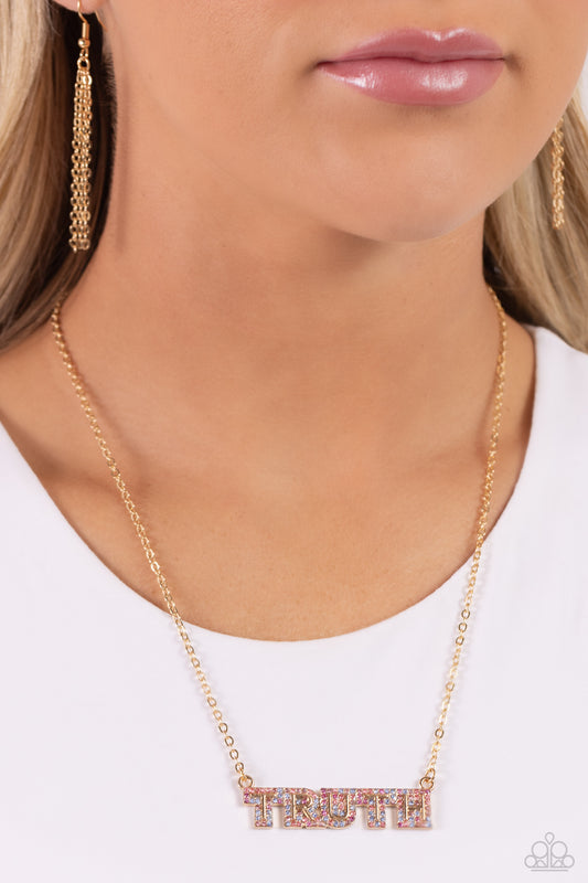 Paparazzi Accessories-Truth Trinket Gold Rhinestone TRUTH Necklace Set