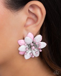 Paparazzi Accessories-Dimensional Dowry Pink Pearlized Floral Earrings