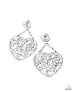 Paparazzi Accessories-Glittery Gait White Rhinestone LOTP Heart Earrings