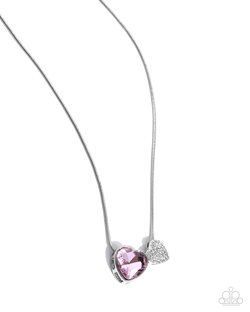Paparazzi Accessories-Lovely Couple Silver Heart Pink Gem Necklace Set