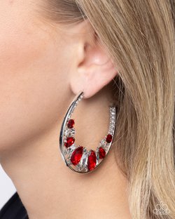 Paparazzi Accessories-Refined Rewind Silver Hoop Red Teardrop Earrings
