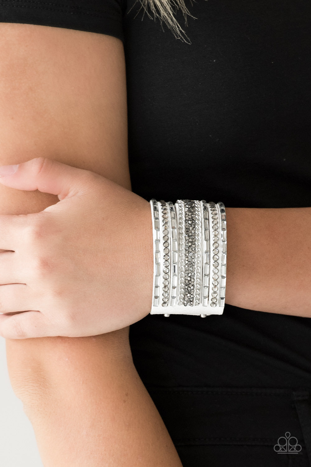 Paparazzi Accessories-Rhinestone Rumble White Wrap Bracelet