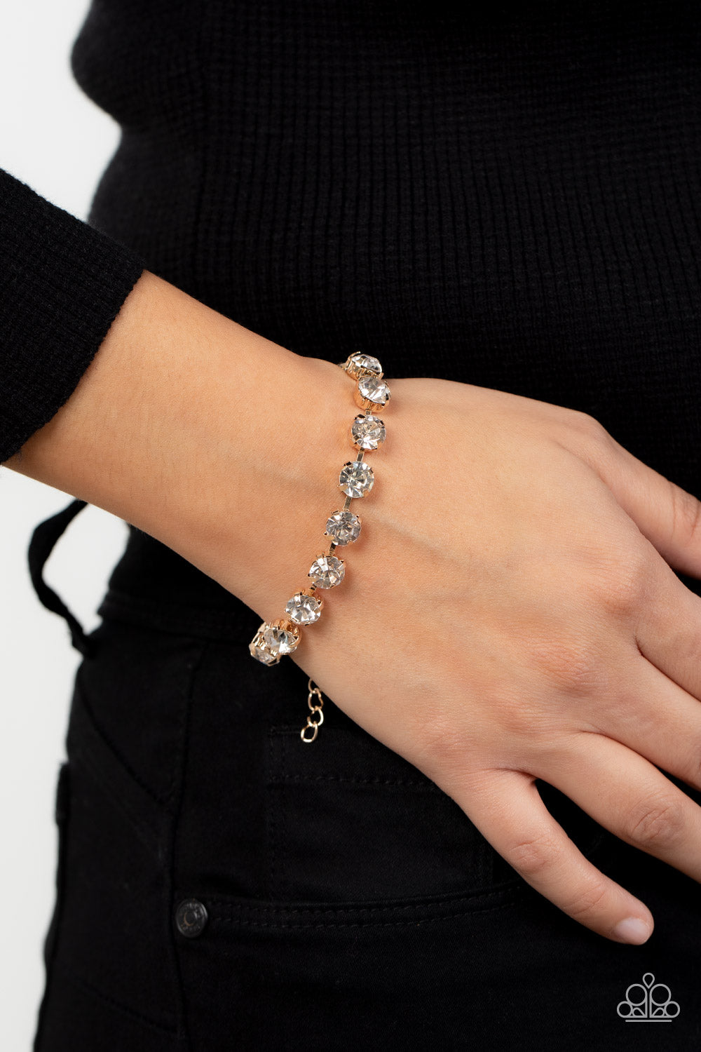 Paparazzi Accessories-A-Lister Afterglow Gold Glassy White Rhinestone Bracelet