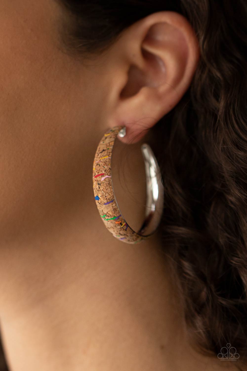 Paparazzi Accessories-A CORK In The Road Multi Cork Silver Hoop Earrings