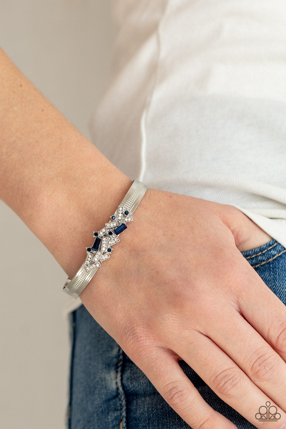 Paparazzi Accessories-A Chic Clique Blue Rectangle White Rhinestone Cuff Bracelet