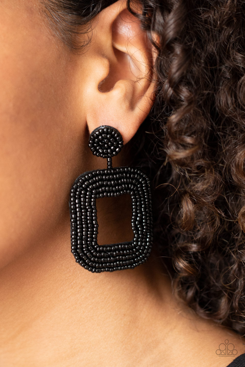 Paparazzi Accessories-Beaded Bella Black Square Earrings