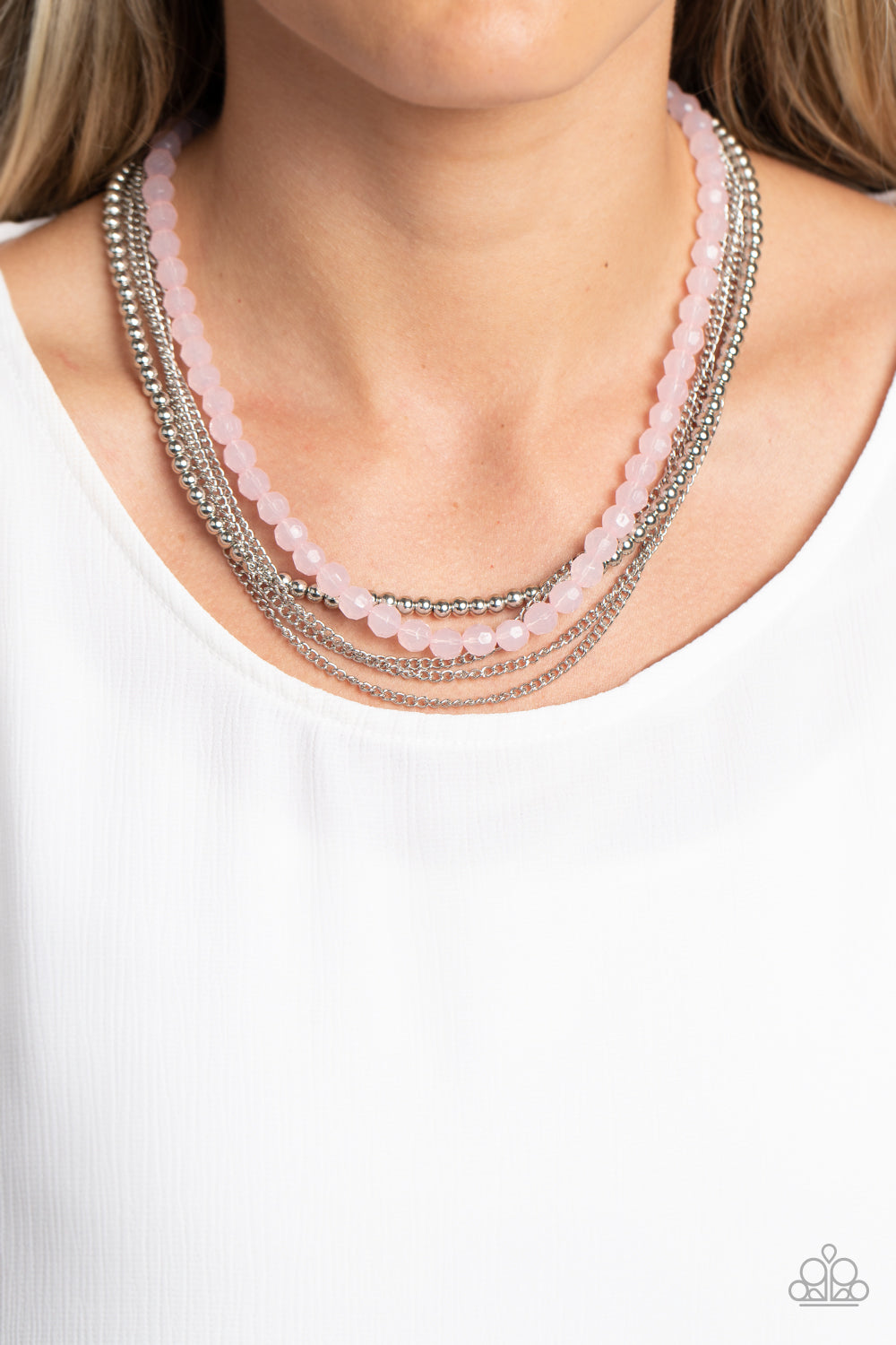 Paparazzi Accessories-Boardwalk Babe Pink Opaque Silver Chain Necklace Set