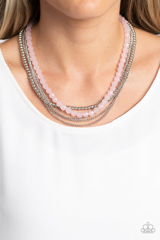 Paparazzi Accessories-Boardwalk Babe Pink Opaque Silver Chain Necklace Set