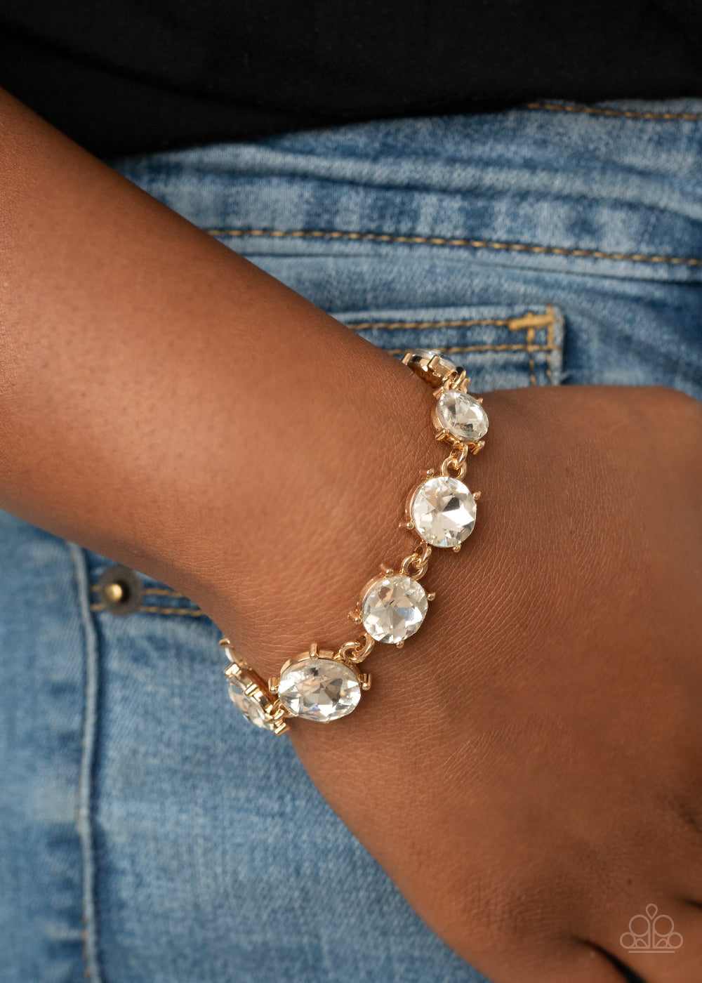 Paparazzi Accessories-Can't Believe My ICE Gold Rhinestone Bracelet