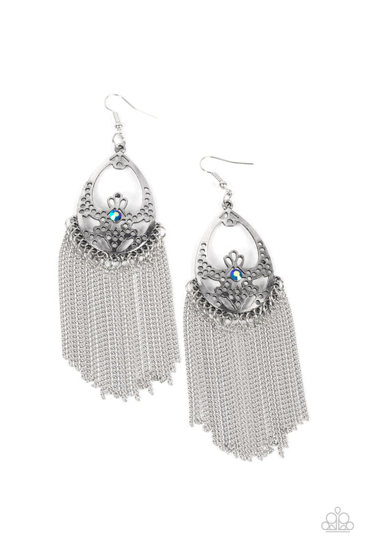 Paparazzi Accessories-Castle Cottage Blue Rhinestone Silver Chain Earraings