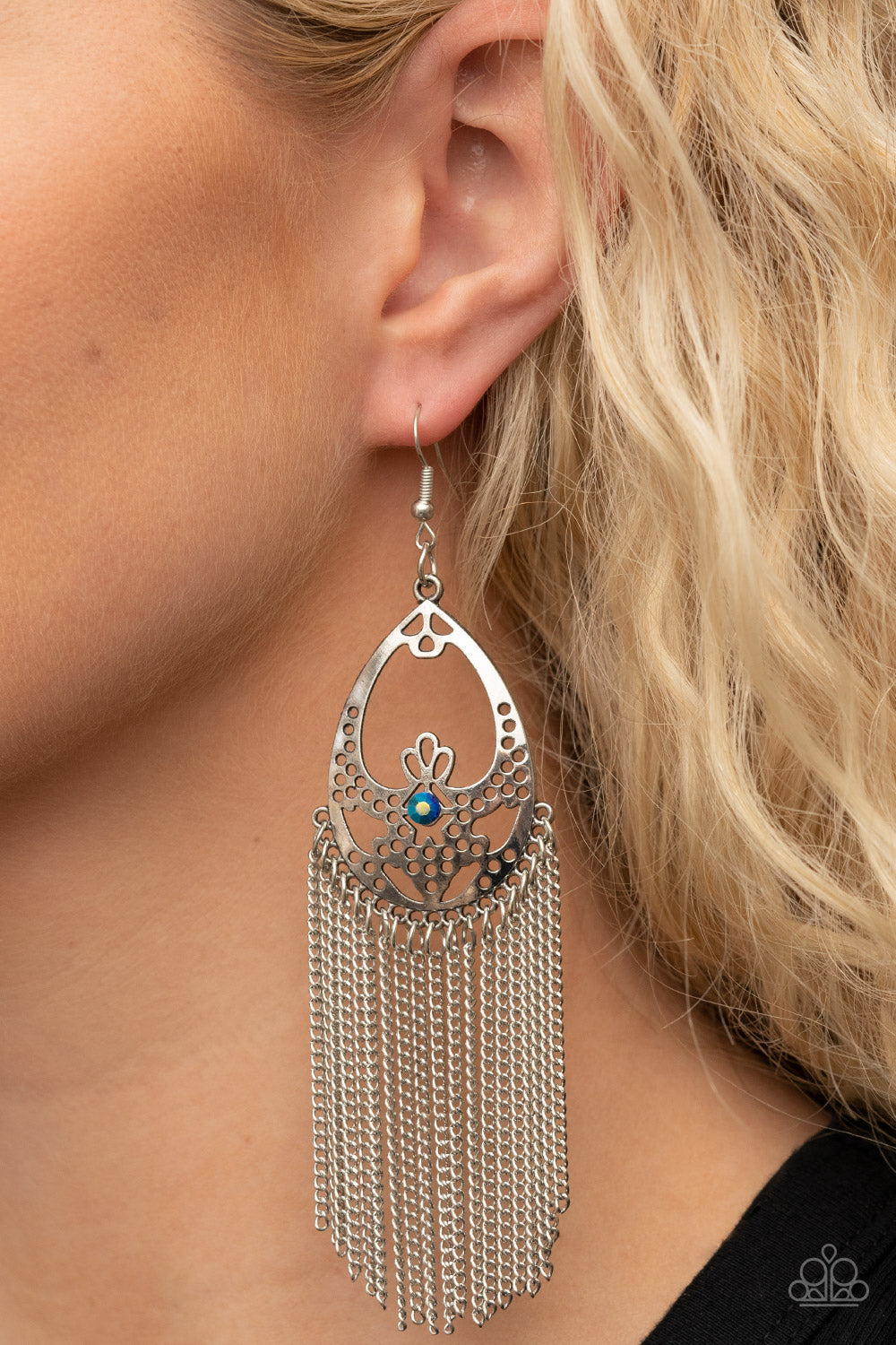 Paparazzi Accessories-Castle Cottage Blue Rhinestone Silver Chain Earraings