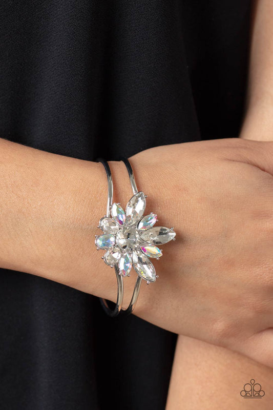 Paparazzi Accessories-Chic Corsage White Iridescent Floral Bracelet