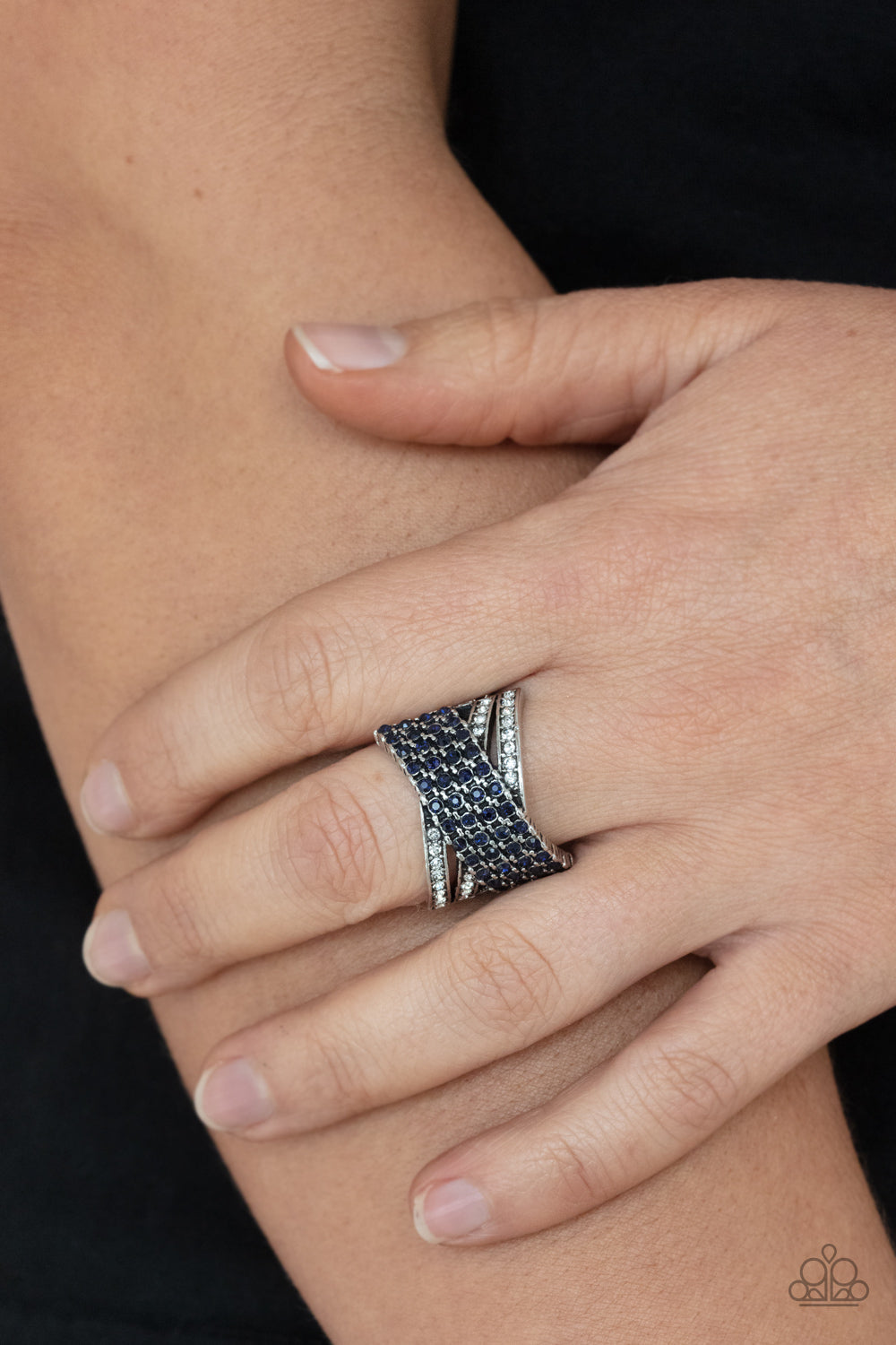Paparazzi Accessories-Classic Crossover Blue Glittery Rhinestone Ring