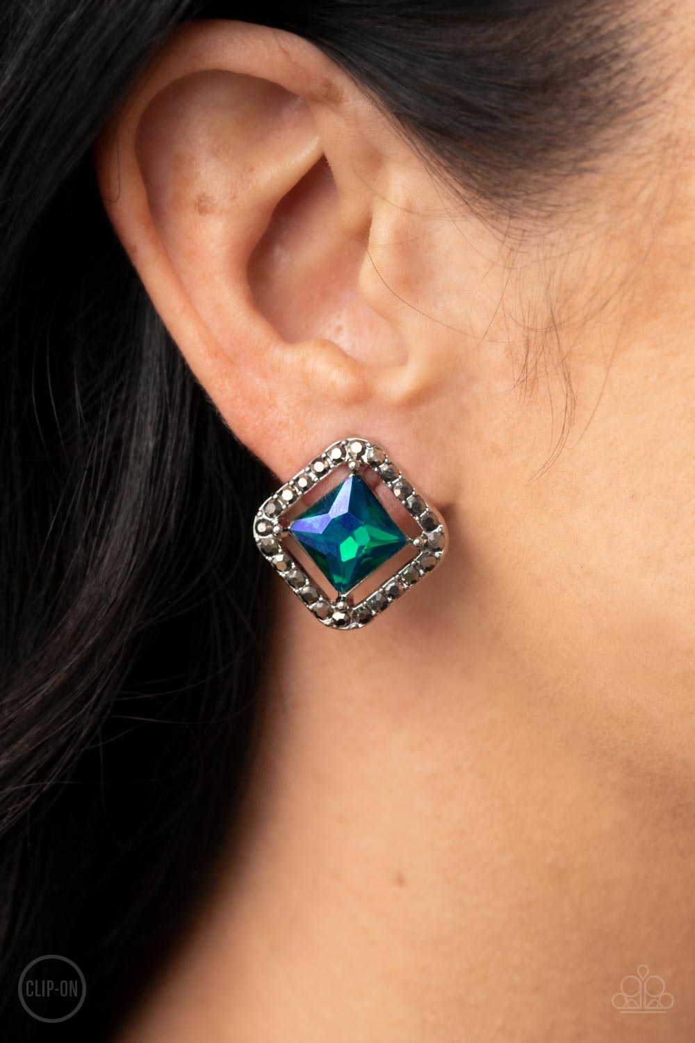 Paparazzi Accessories-Cosmic Catwalk Green Iridescent Rhinestone Earrings