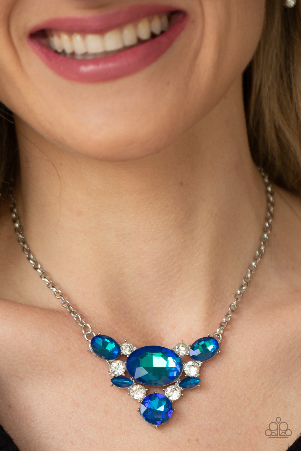 Paparazzi Accessories-Cosmic Coronation Blue Iridescent V-Shaped Necklace Set