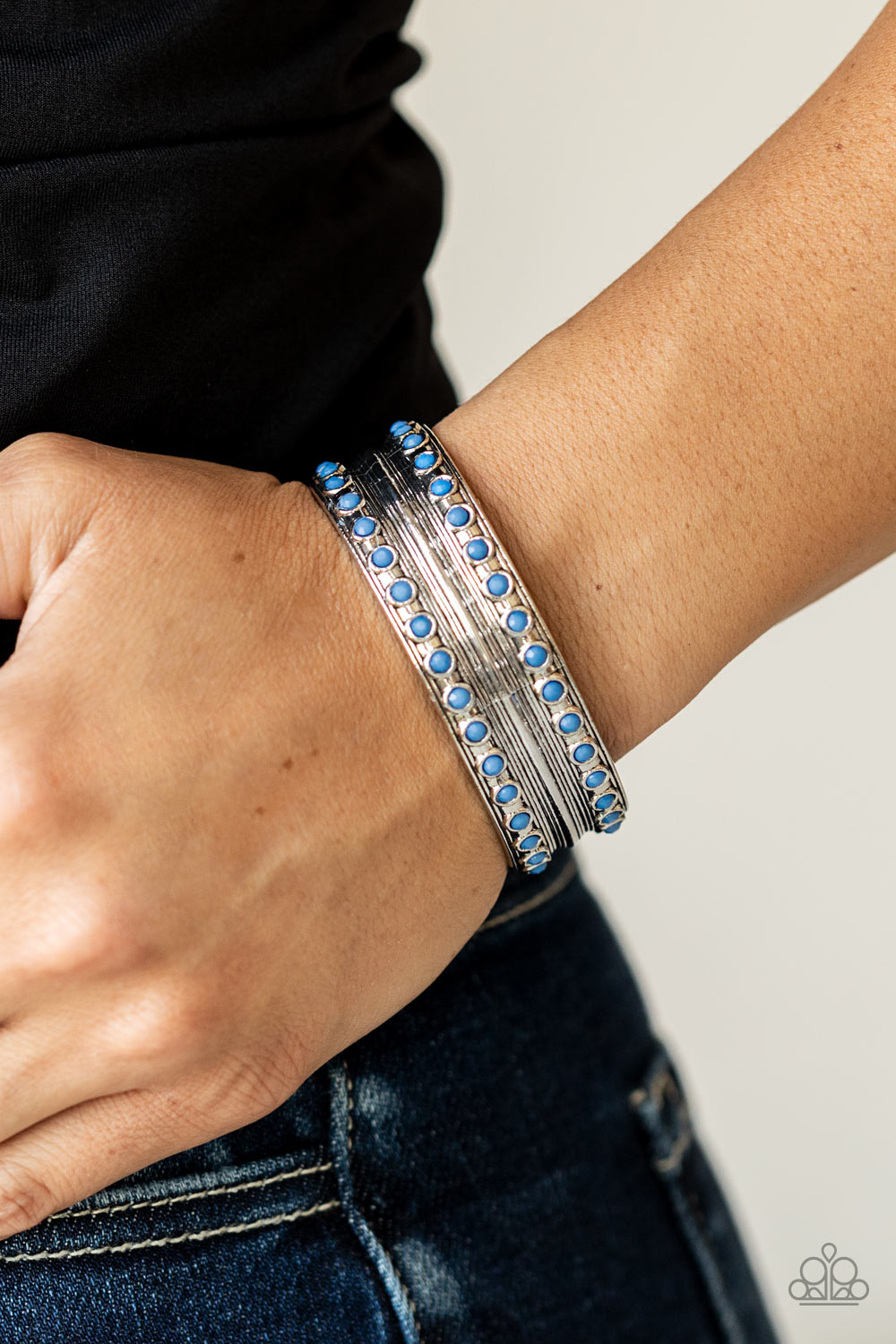 Paparazzi Accessories-Costa Rica Retreat Blue Embossed Silver Cuff Bracelet