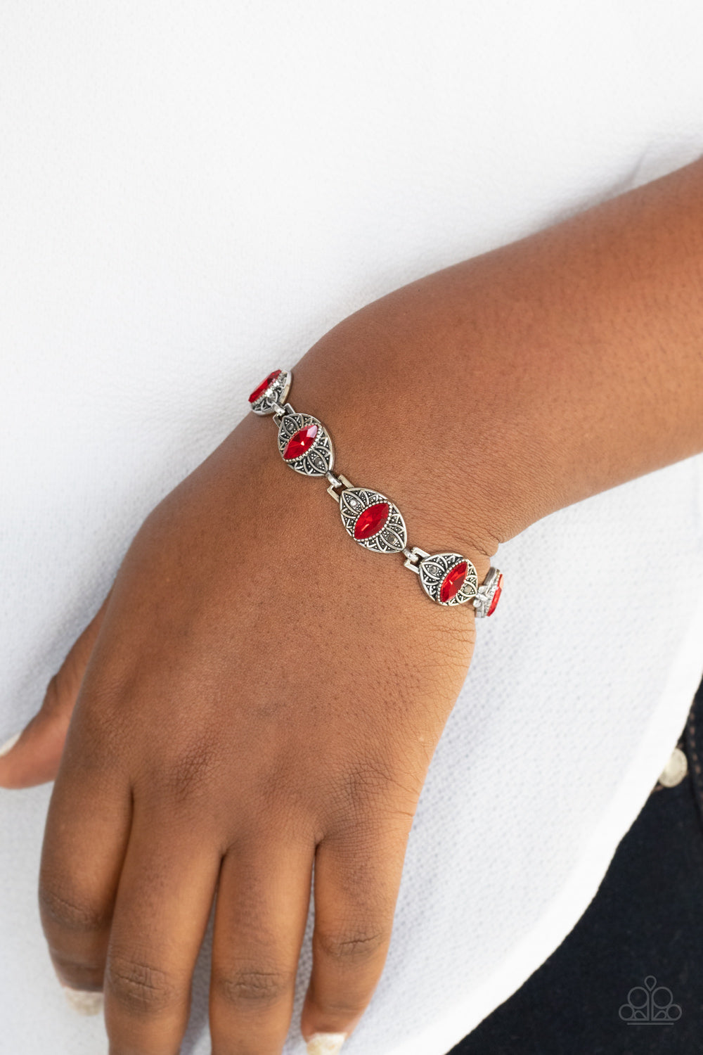 Paparazzi Accessories-Crown Privilege Red Rhinestone Bracelet