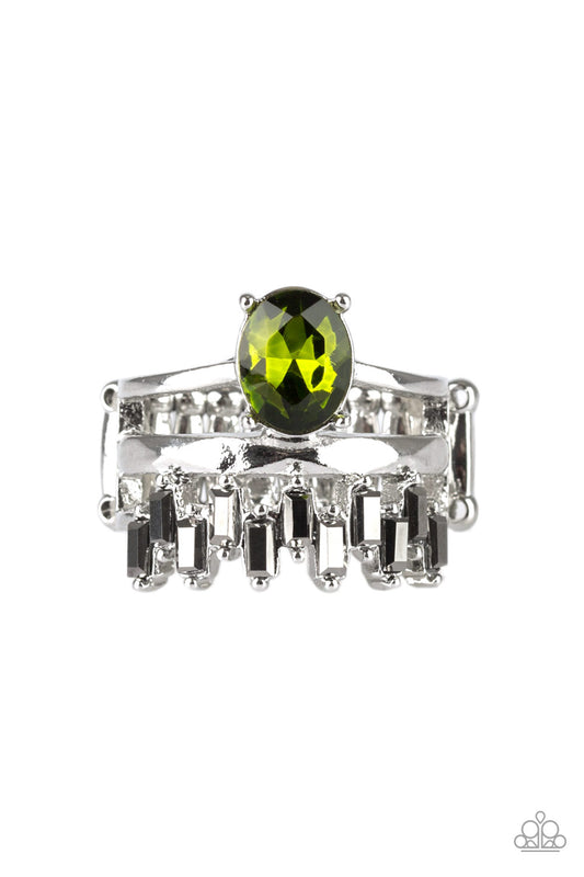 Paparazzi Accessories-Crowned Victor Green Hematite Rhinestone Ring