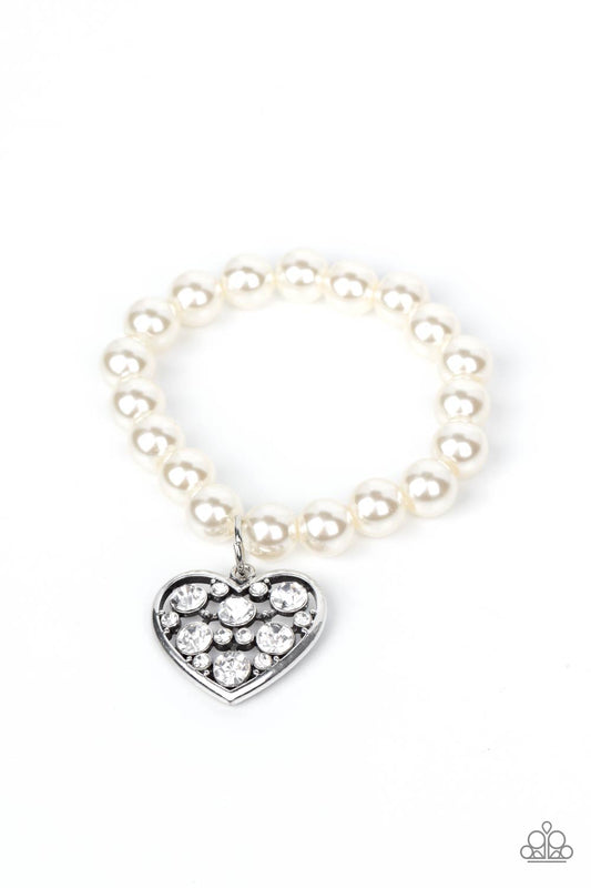 Paparazzi Accessories-Cutely Crushing White Pearl Silver Rhinestone Heart Charm Bracelet