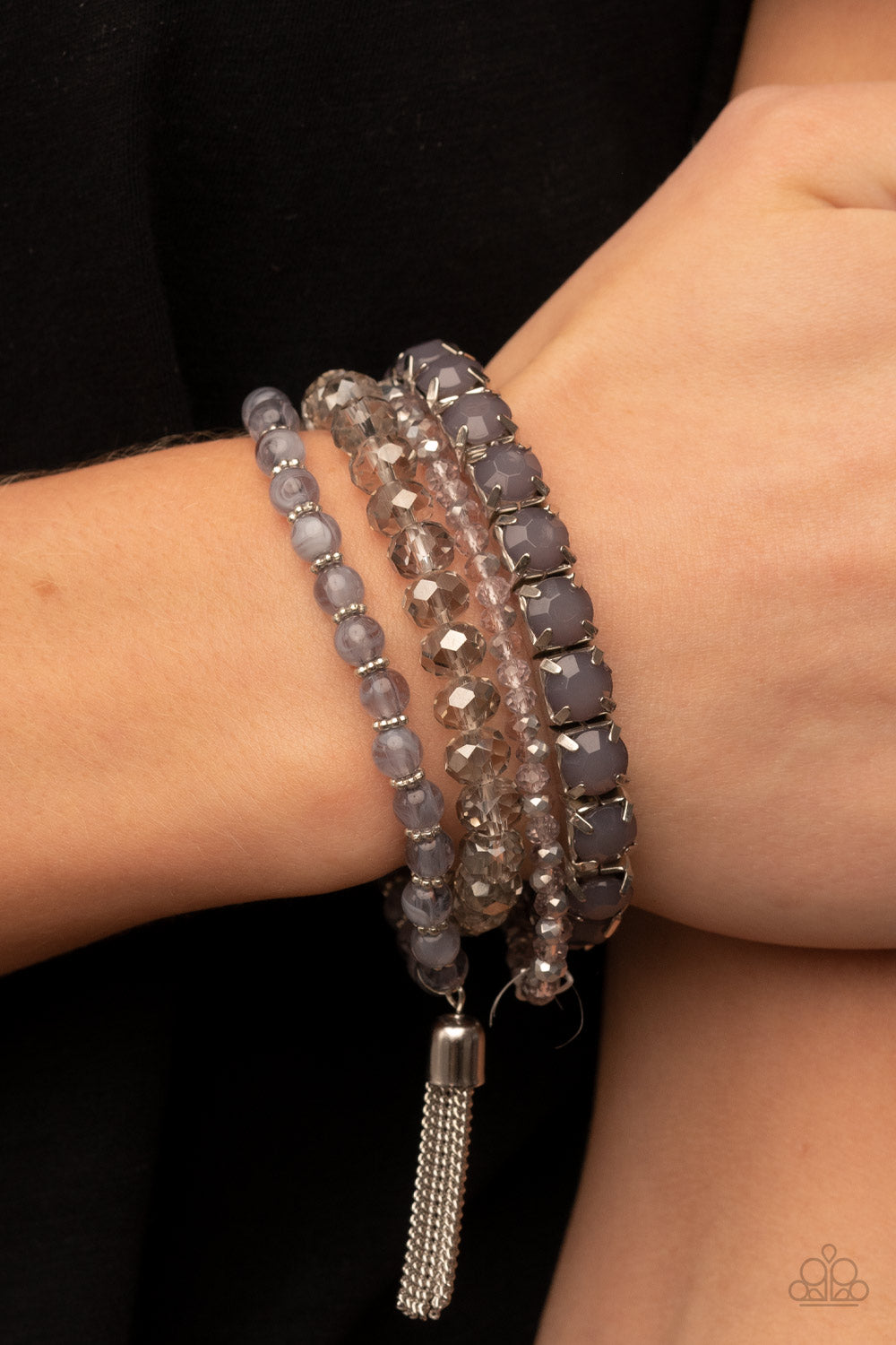 Paparazzi Accessories-Day Trip Trinket Dewy Gray Bead Tassel Bracelet