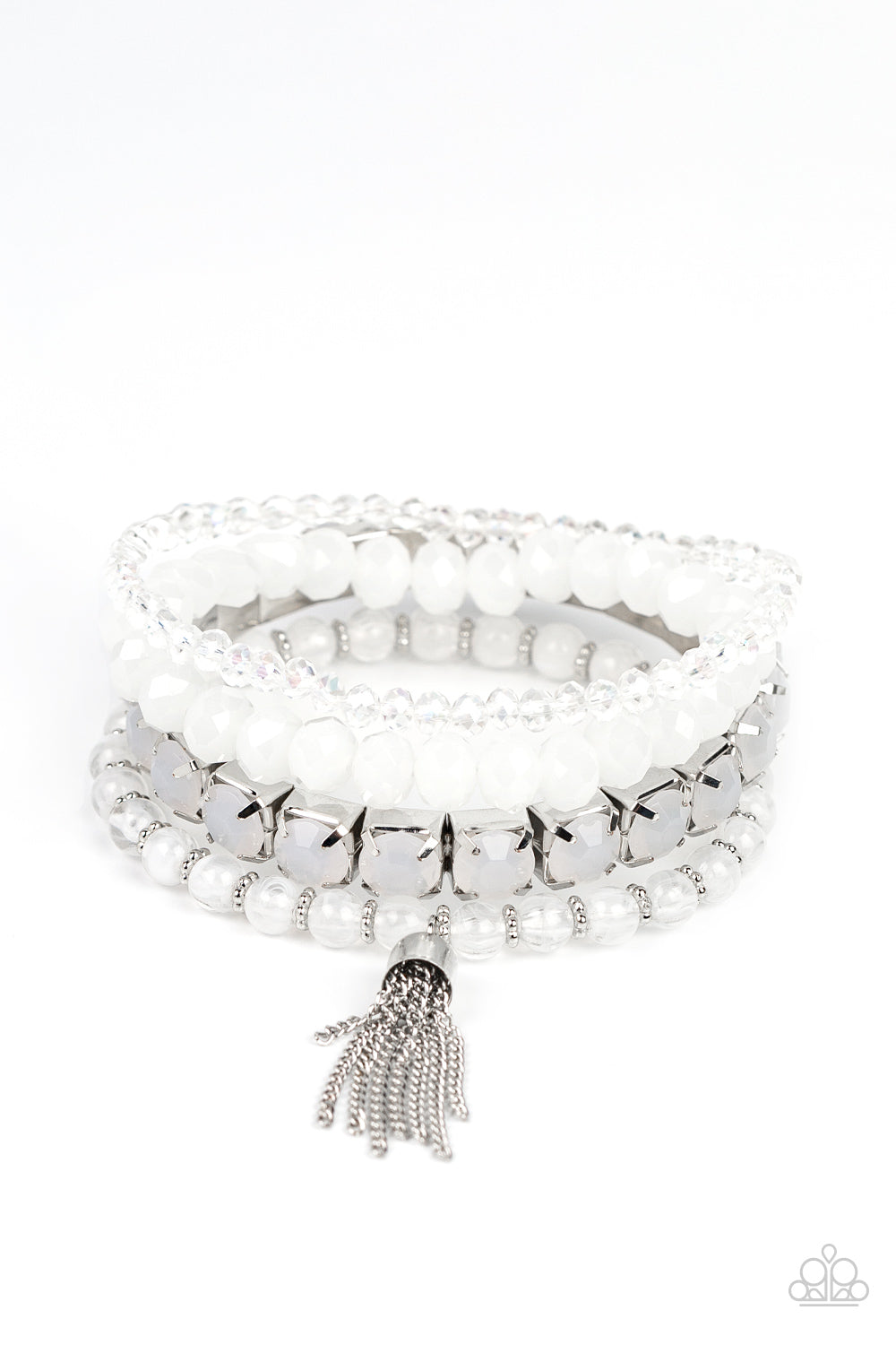 Paparazzi Accessories-Day Trip Trinket White Glassy Crystal Bead Bracelet