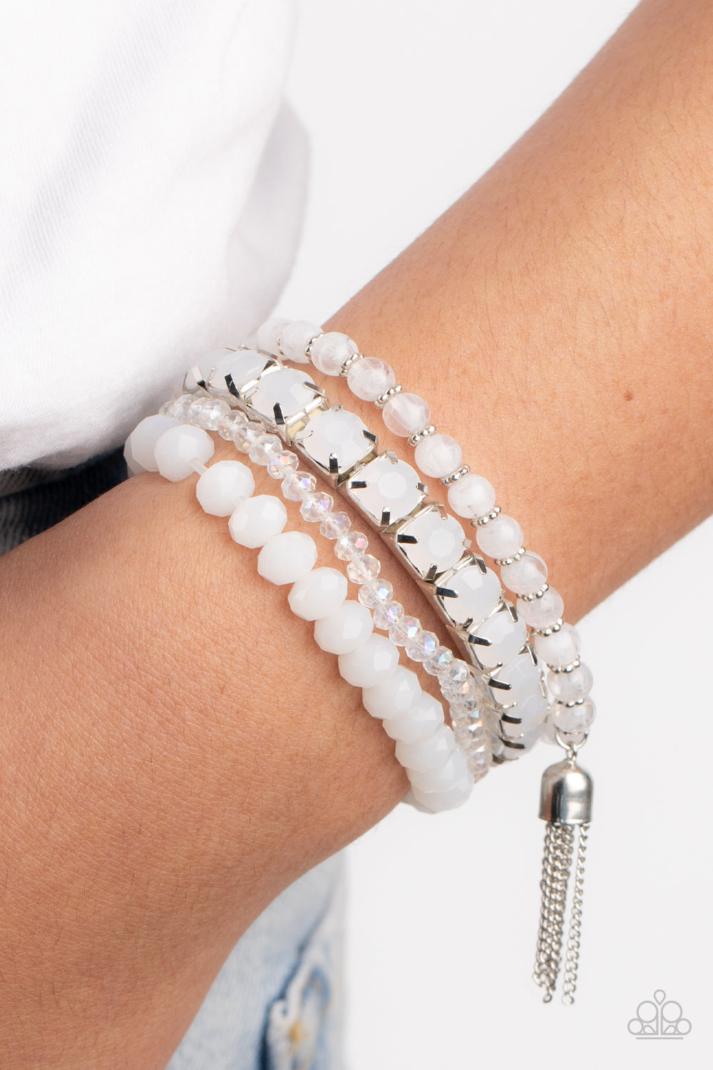 Paparazzi Accessories-Day Trip Trinket White Glassy Crystal Bead Bracelet