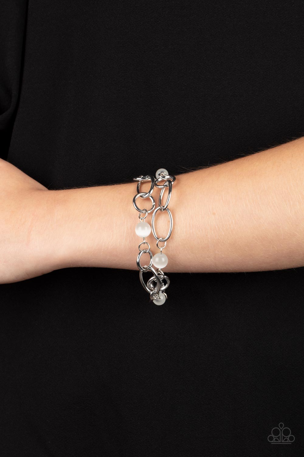 Paparazzi Accessories-Delightfully Daydreamy White Cat's Eye Stone Silver Link Bracelet