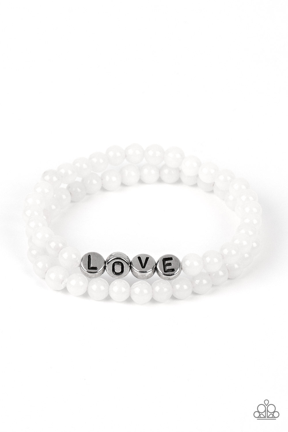 Paparazzi Accessories-Devoted Dreamer White Icy Bead Silver LOVE Bracelet