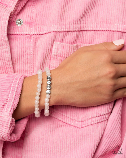 Paparazzi Accessories-Devoted Dreamer White Icy Bead Silver LOVE Bracelet