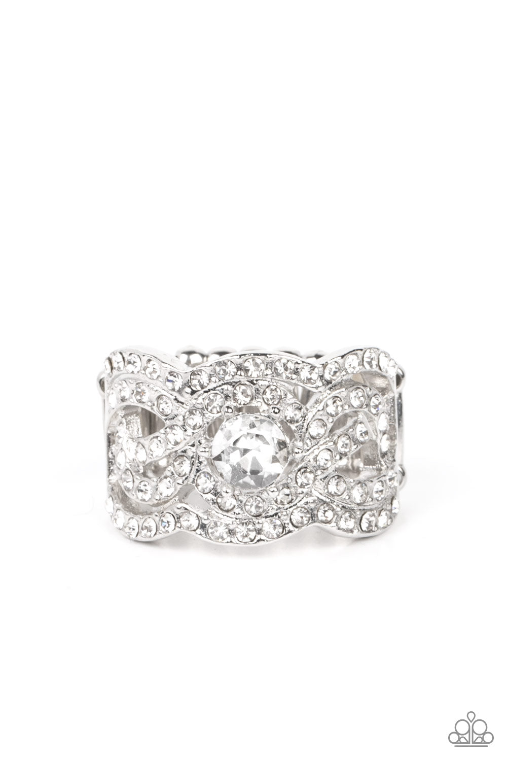 Paparazzi Accessories-Doting on Dazzle White Rhinestone Braided Solitaire Ring