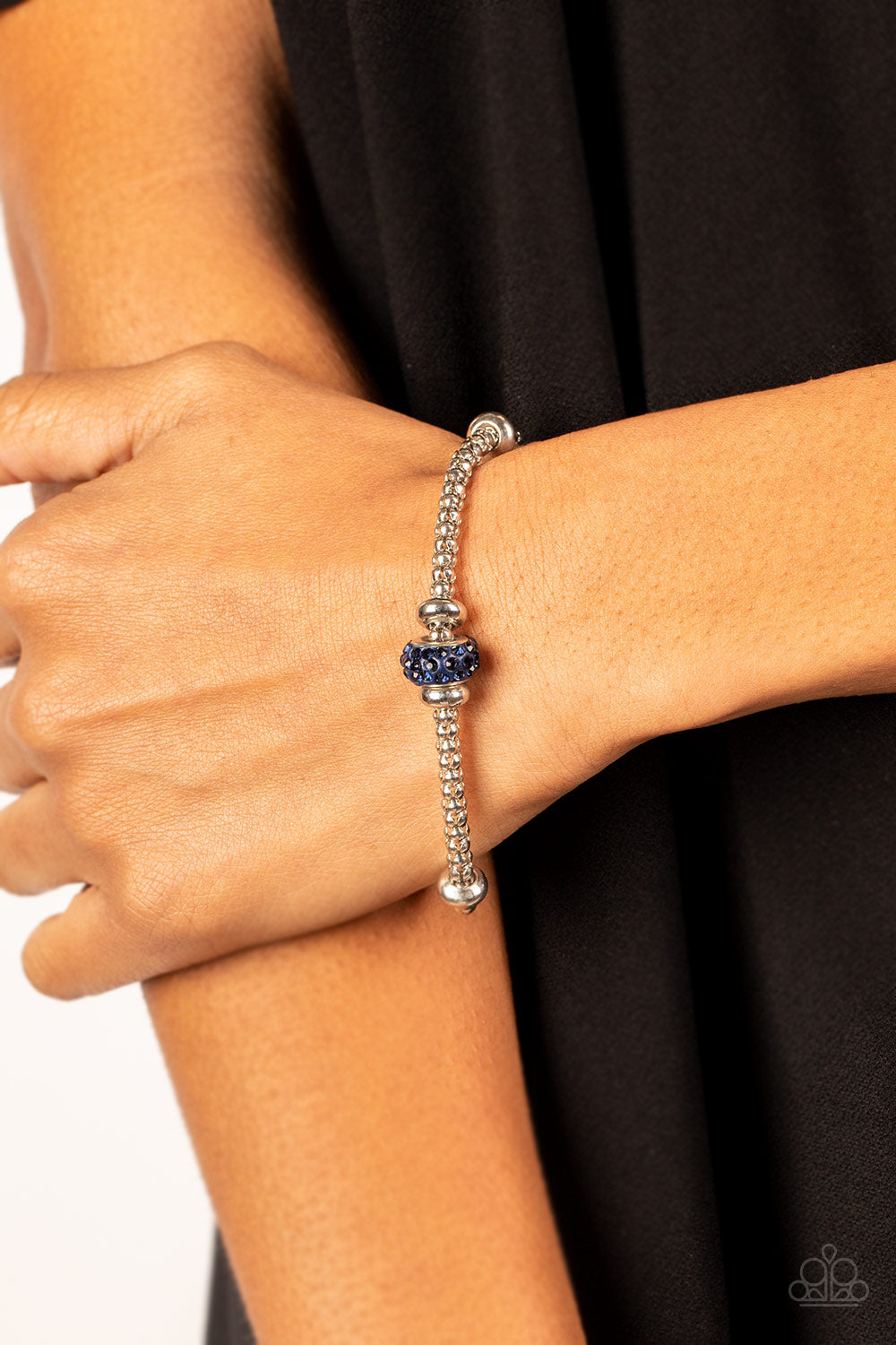 Paparazzi Accessories-Downtown Decoupage Blue Rhinestone Silver Bracelet