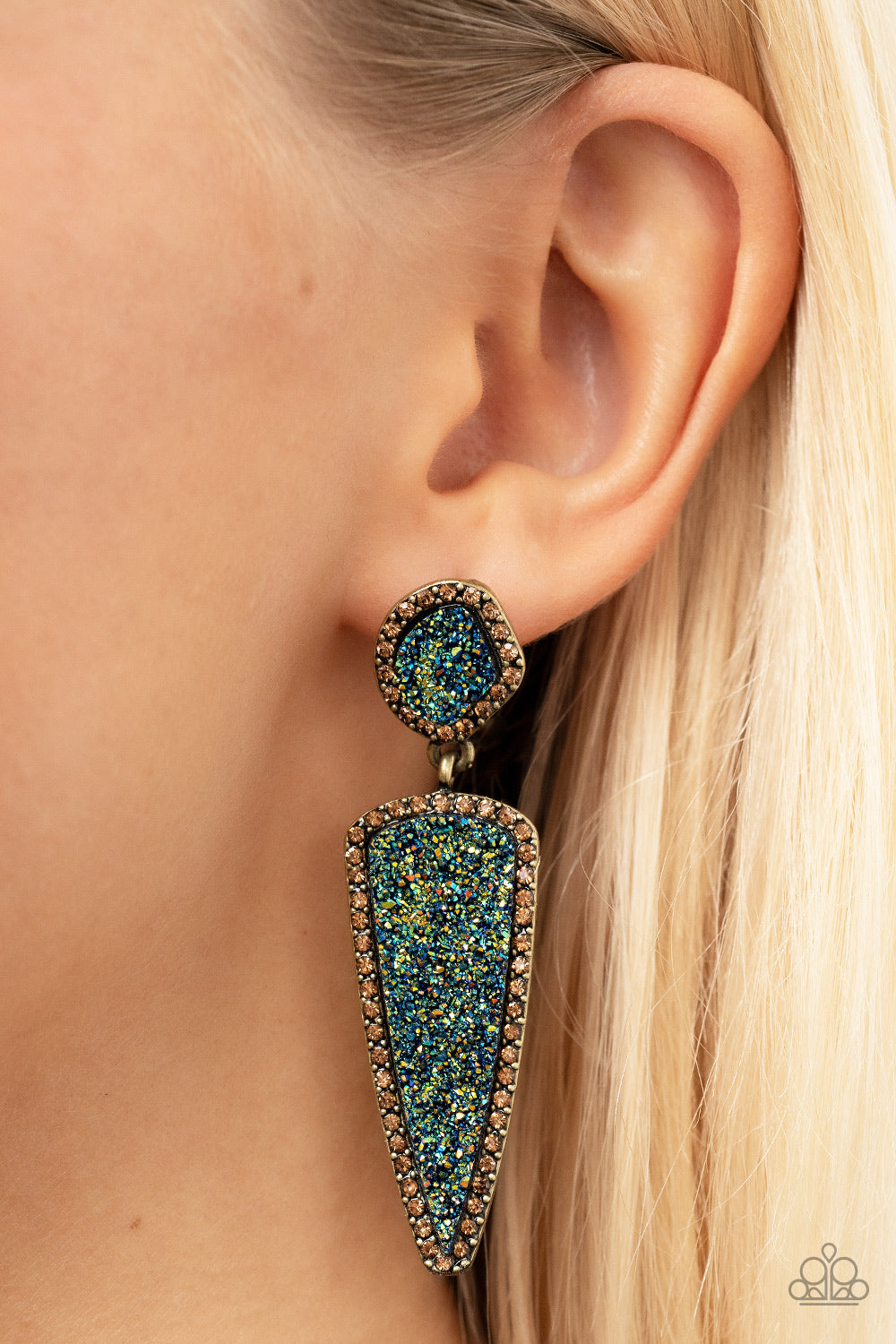 Paparazzi Accessories-Druzy Desire Brass Asymmetrical Blue/Topaz Earrings