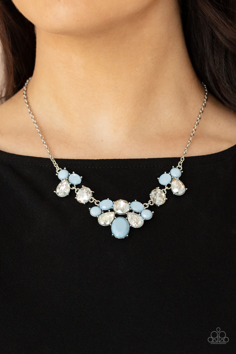 Paparazzi Accessories-Ethereal Romance Cerulean Blue Bead and White Rhinestone Necklace Set