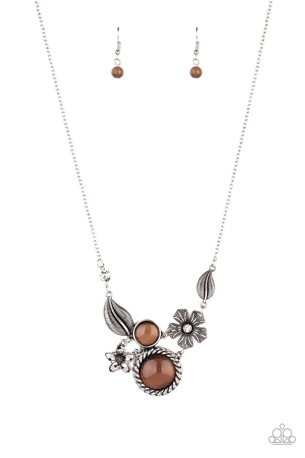 Paparazzi Accessories-Exquisitely Eden Brown Cat's Eye Floral Necklace Set