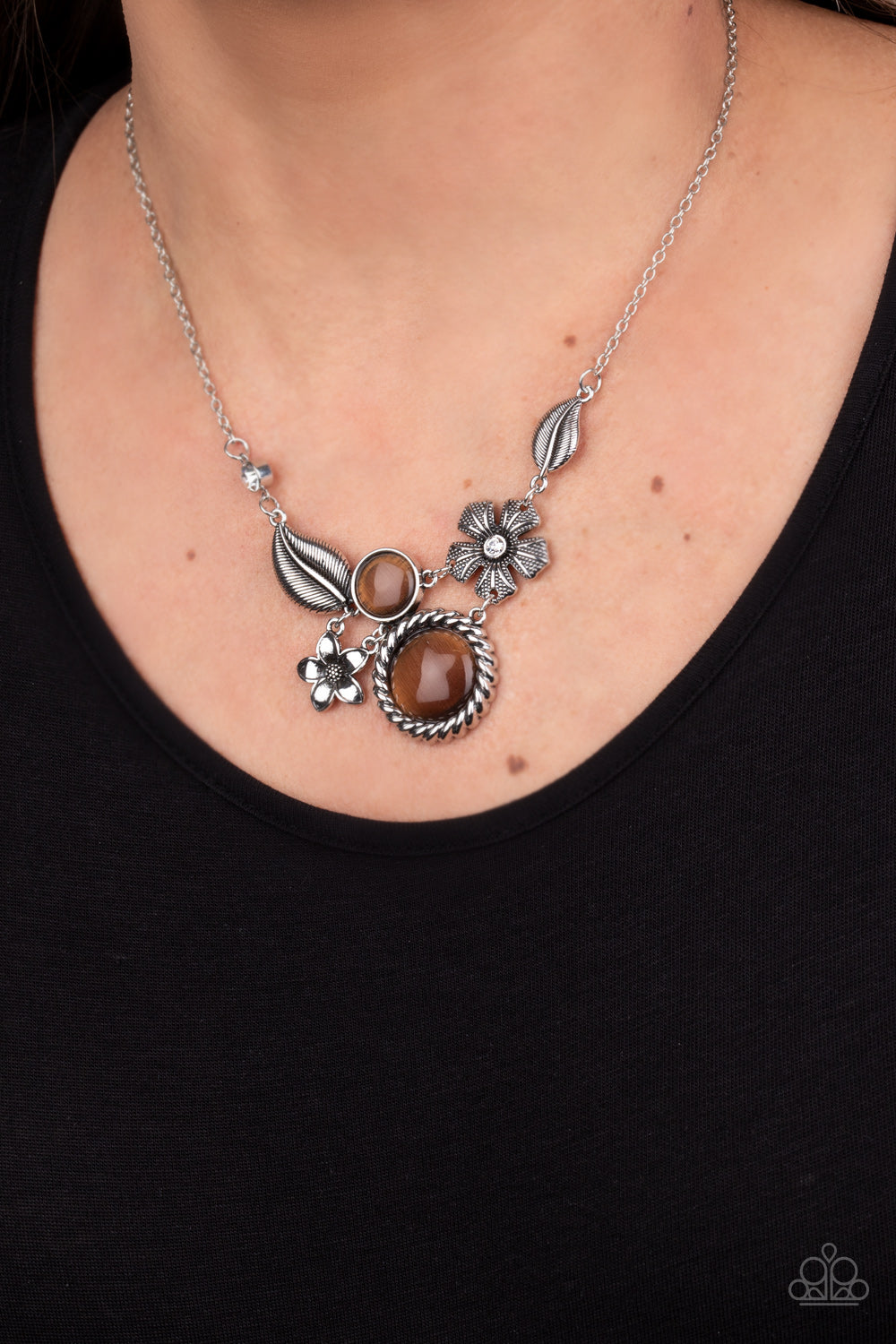 Paparazzi Accessories-Exquisitely Eden Brown Cat's Eye Floral Necklace Set