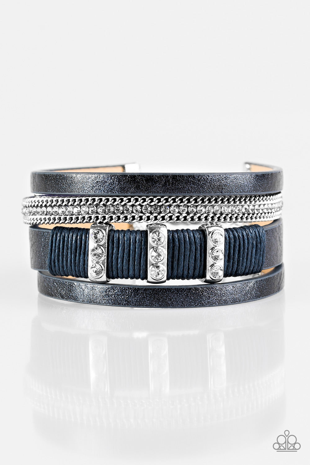 Paparazzi Accessories-FAME Night Blue Rhinestone Leather Bracelet