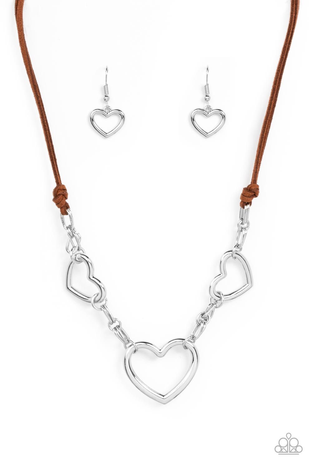 Paparazzi Accessories-Fashionable Flirt Brown Suede Silver Heart Necklace Set