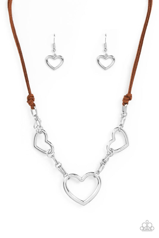 Paparazzi Accessories-Fashionable Flirt Brown Suede Silver Heart Necklace Set