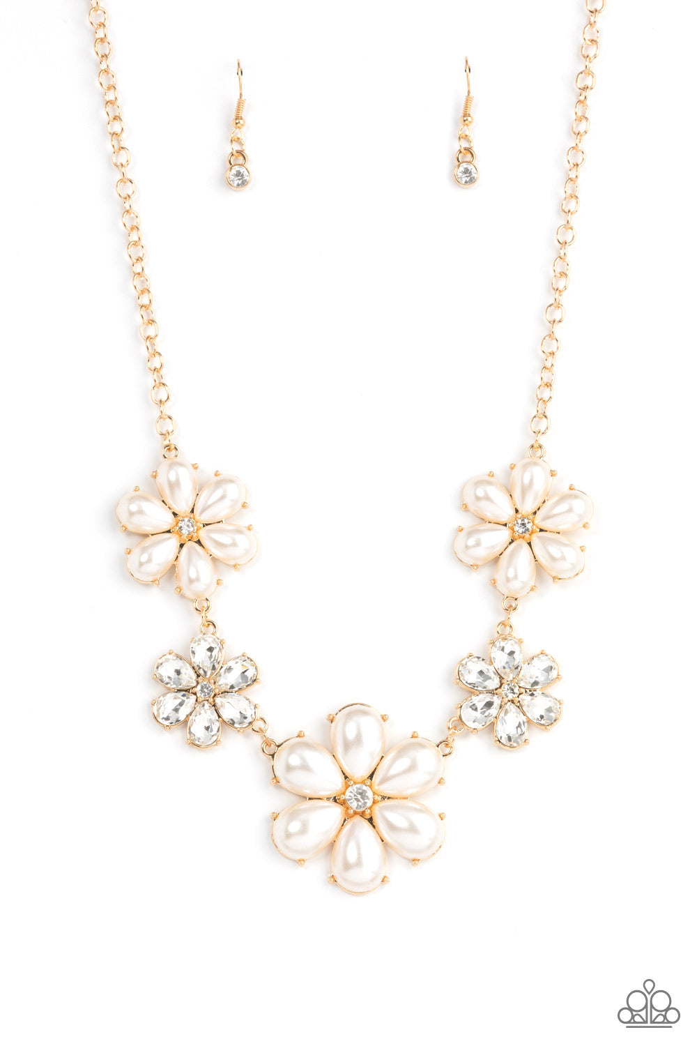 Paparazzi Accessories-Fiercely Flowering Gold Bubbly Pearl Necklace Set