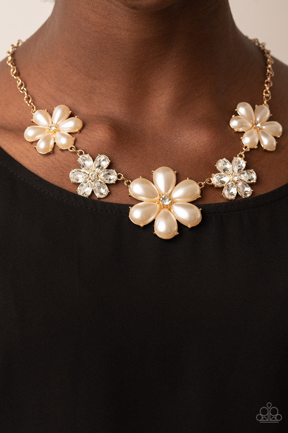 Paparazzi Accessories-Fiercely Flowering Gold Bubbly Pearl Necklace Set